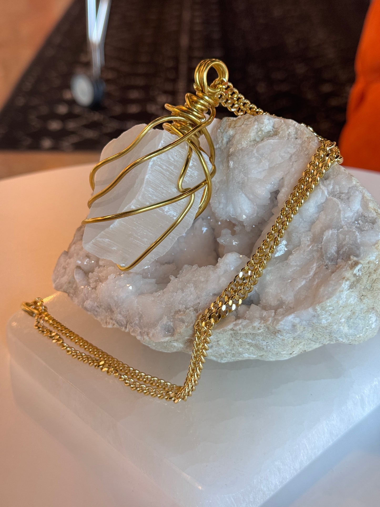 TV Selenite Gold plated Copper Wire Wrapped necklace