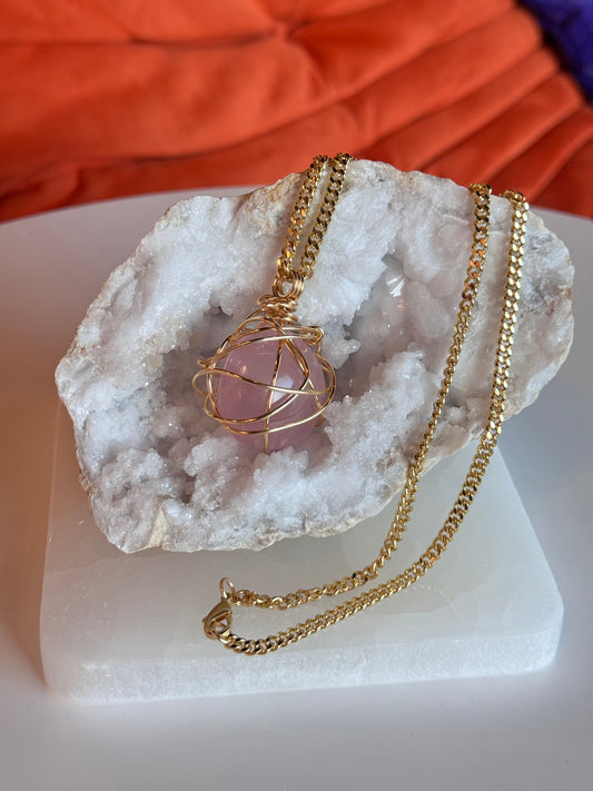 Rose Quartz Gold Plated Copper Wire wrapped necklace