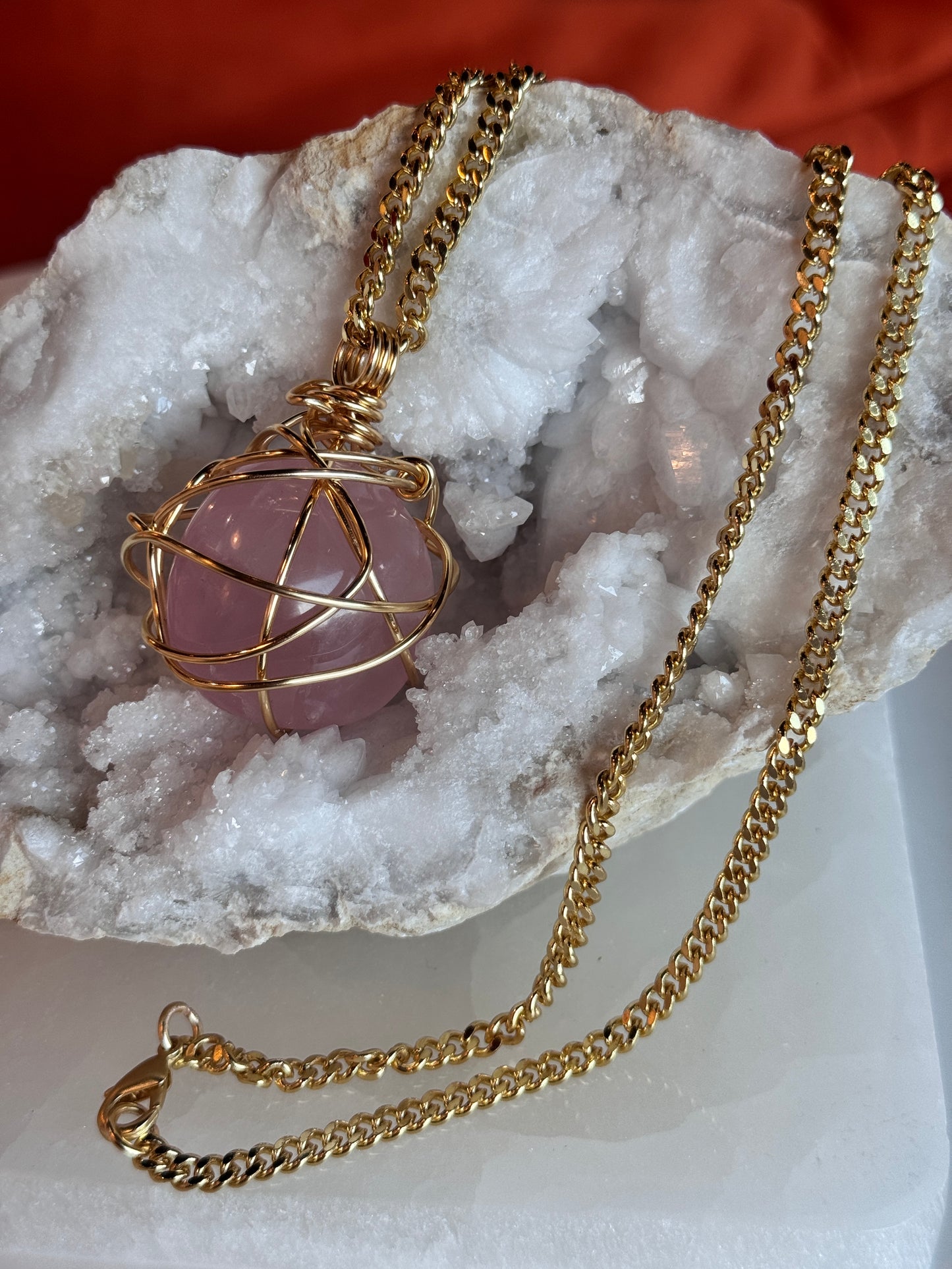 Rose Quartz Gold Plated Copper Wire wrapped necklace