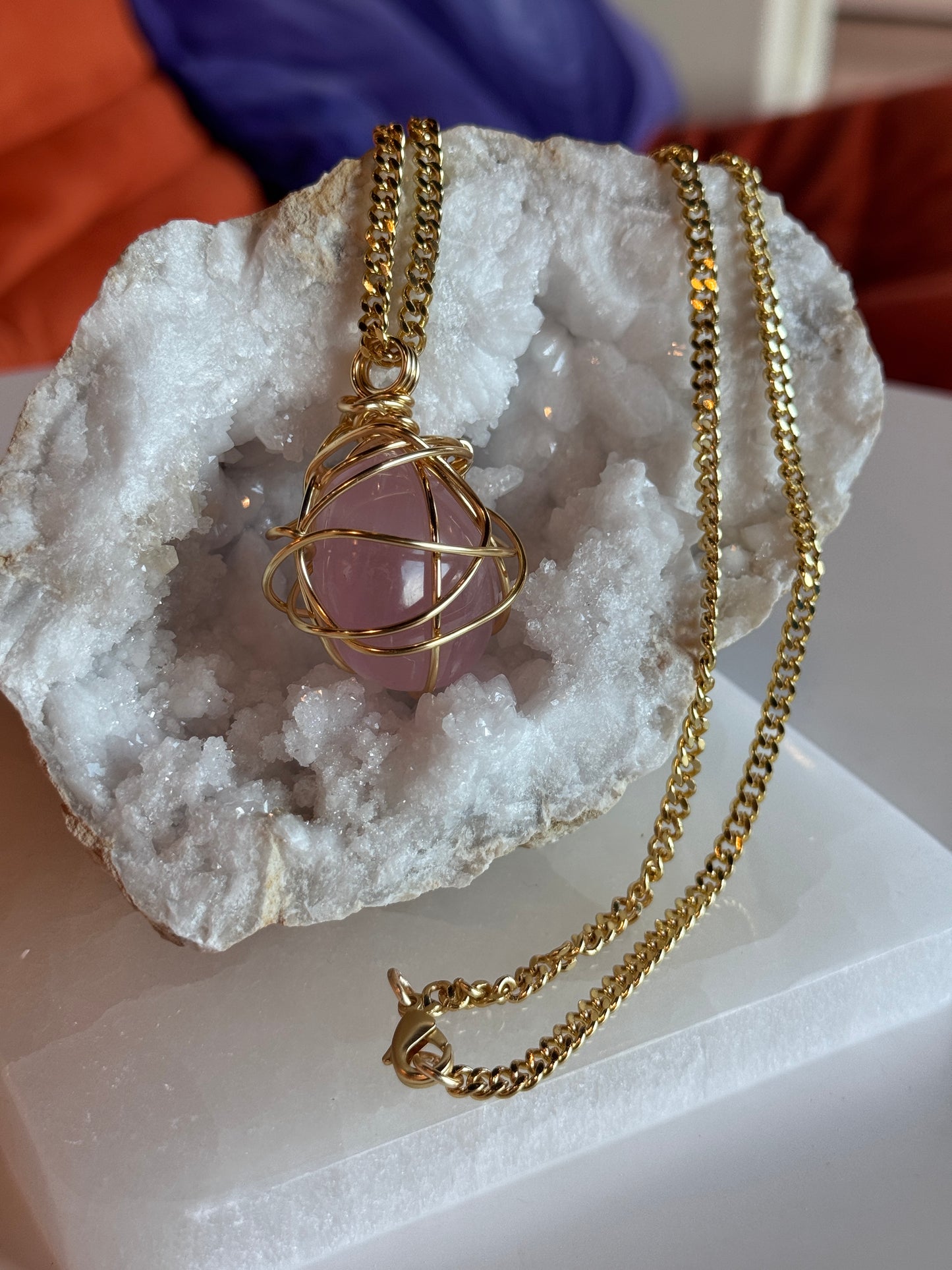 Rose Quartz Gold Plated Copper Wire wrapped necklace