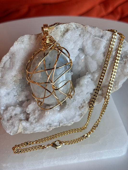 Rainbow Moonstone Gold Plated Copper Wire Wrapped Necklace