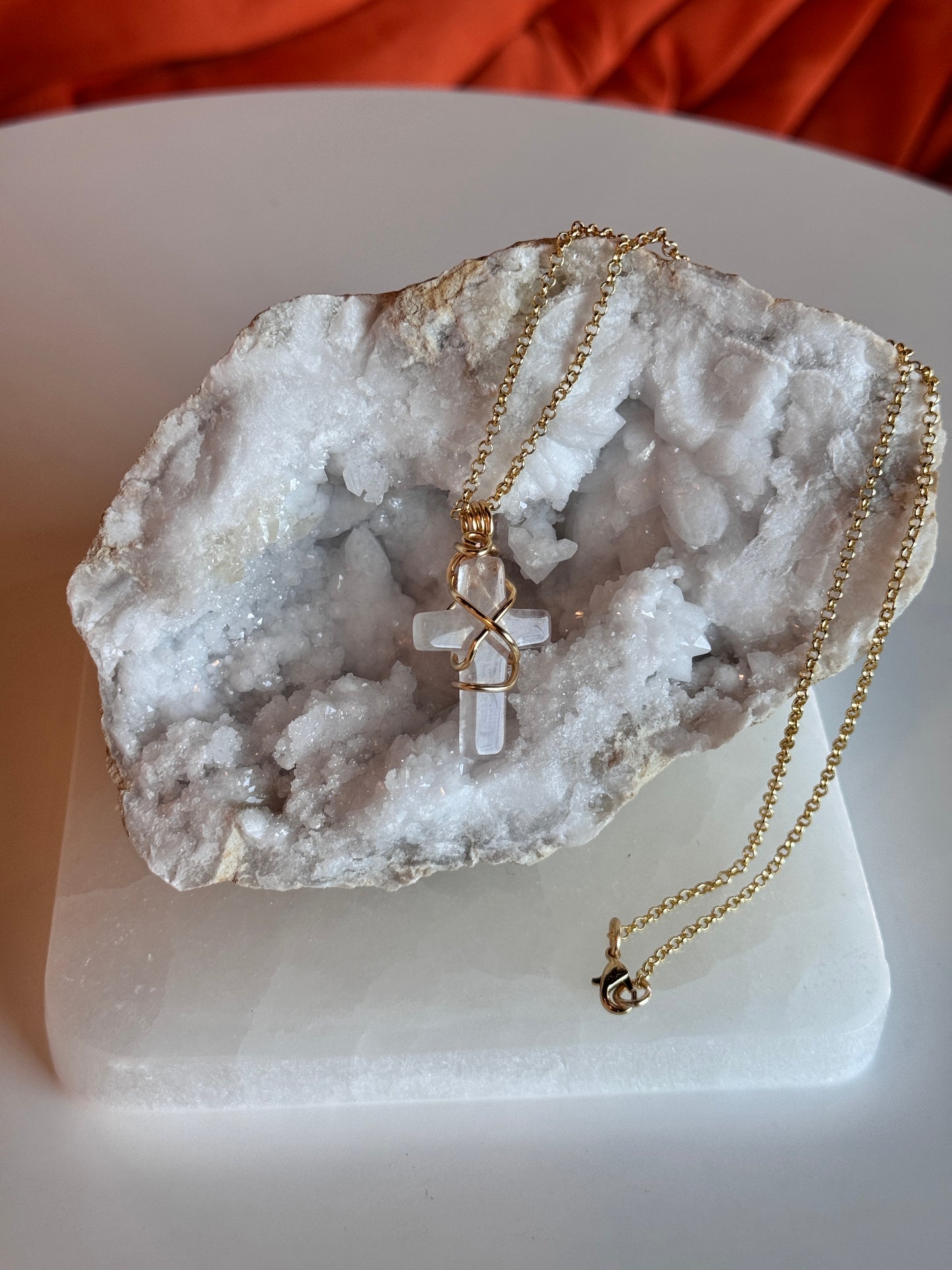 Rose Quartz Cross Gold Plated Copper Wire Wrapped Necklace