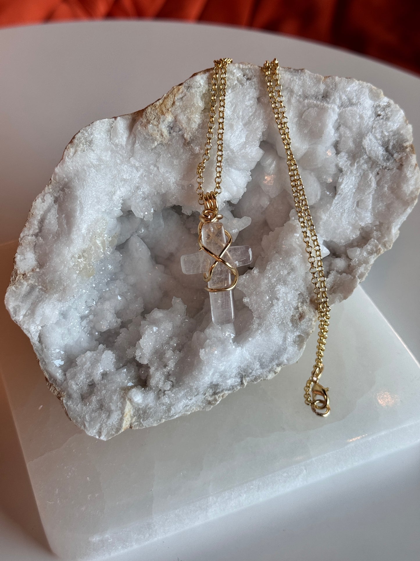 Rose Quartz Cross Gold Plated Copper Wire Wrapped Necklace