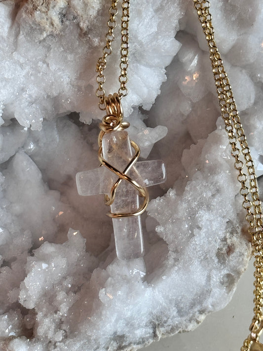 Rose Quartz Cross Gold Plated Copper Wire Wrapped Necklace