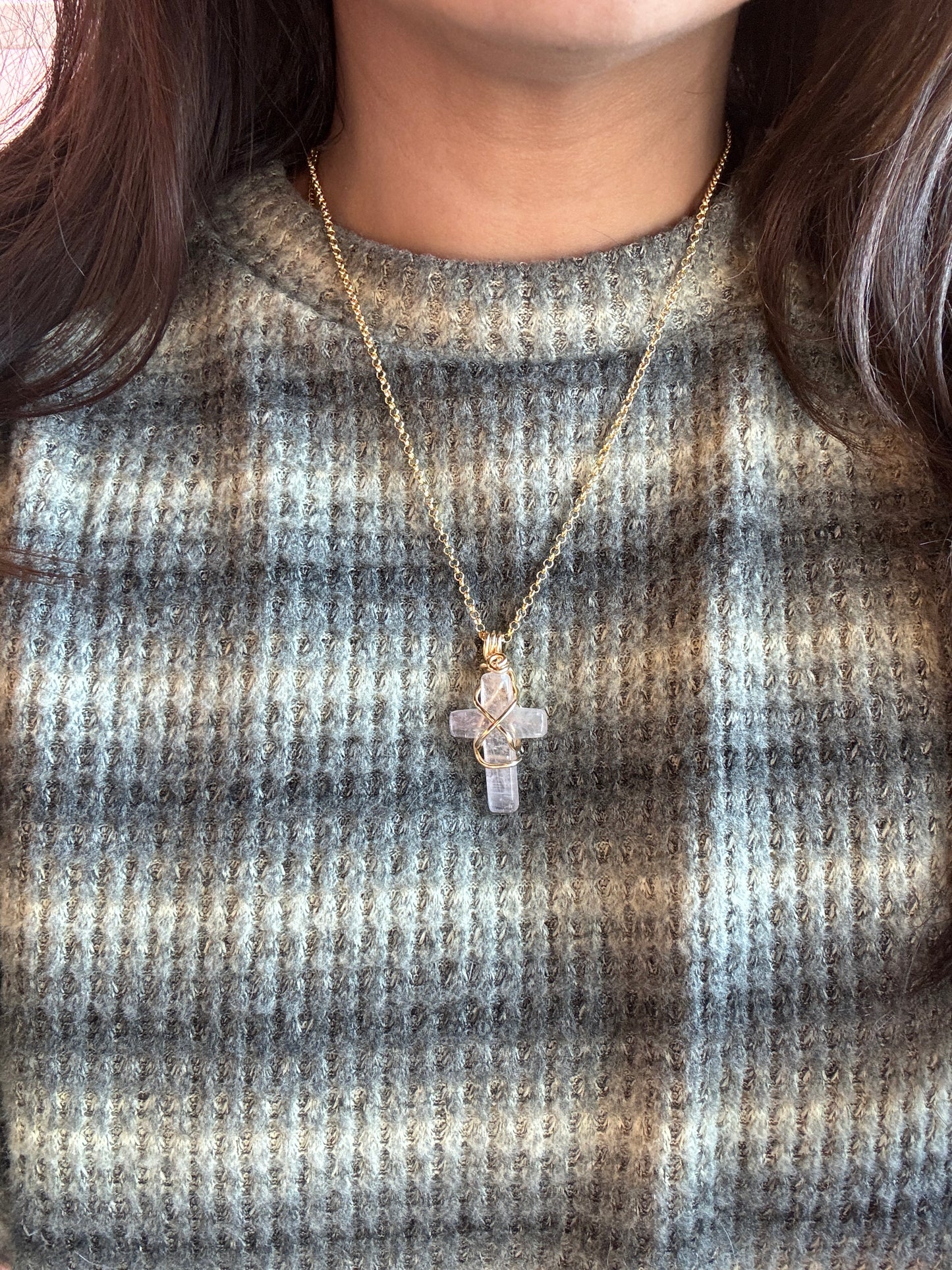 Rose Quartz Cross Gold Plated Copper Wire Wrapped Necklace
