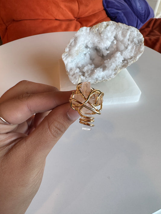 Rose Quartz Gold Plated Copper Wire Wrapped Ring size 7.5