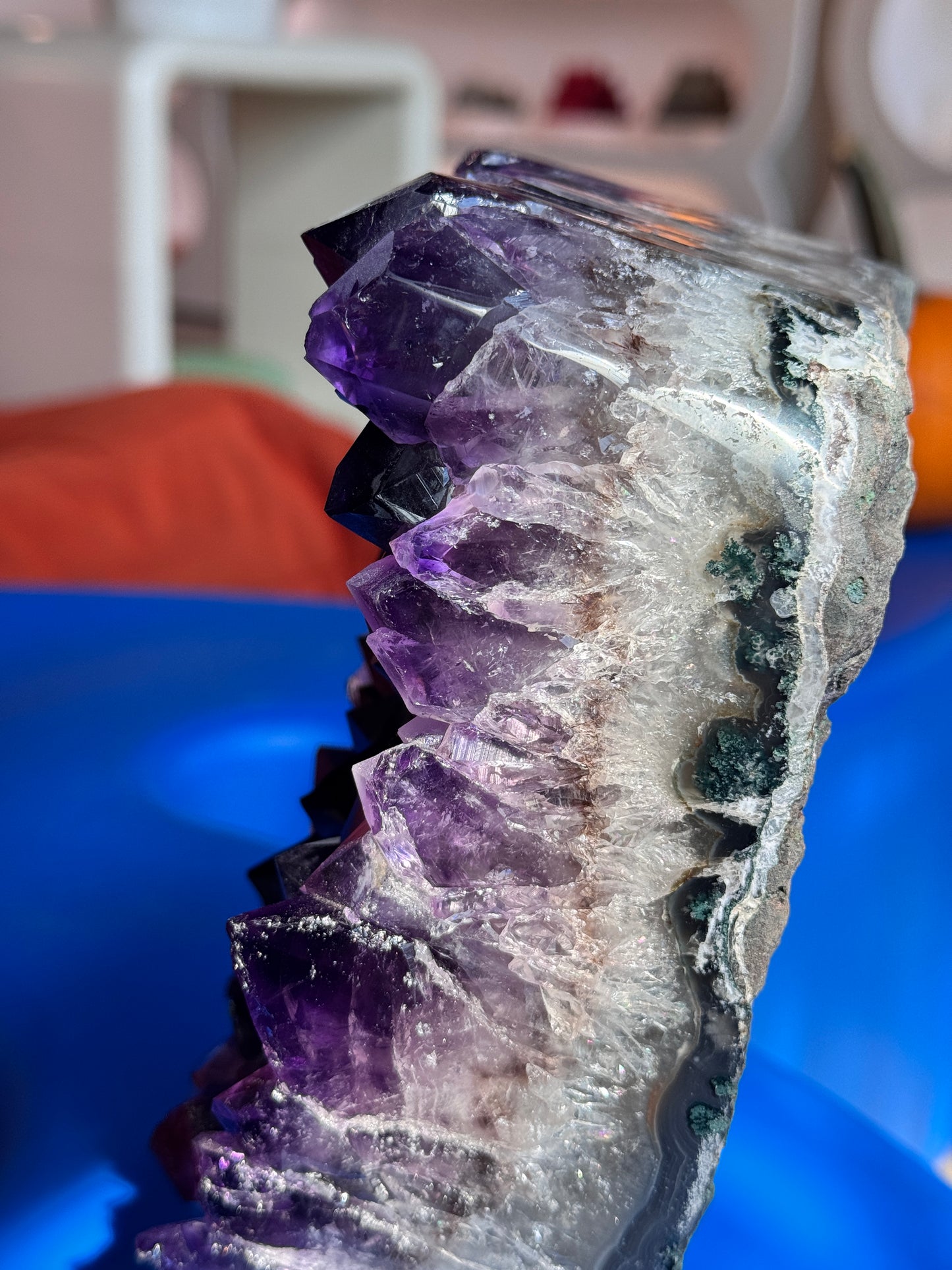 Large amethyst cluster on stand