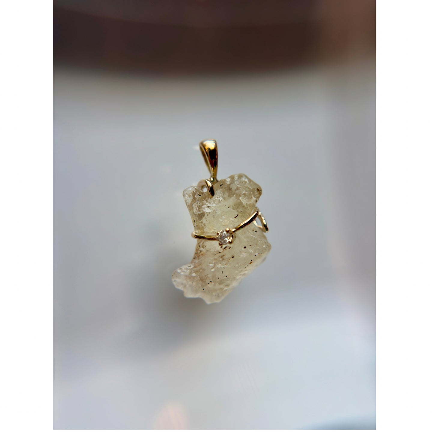 14k Solid Gold Lybian Desert Glass with Natural HSI1 Diamond Necklace Pendant