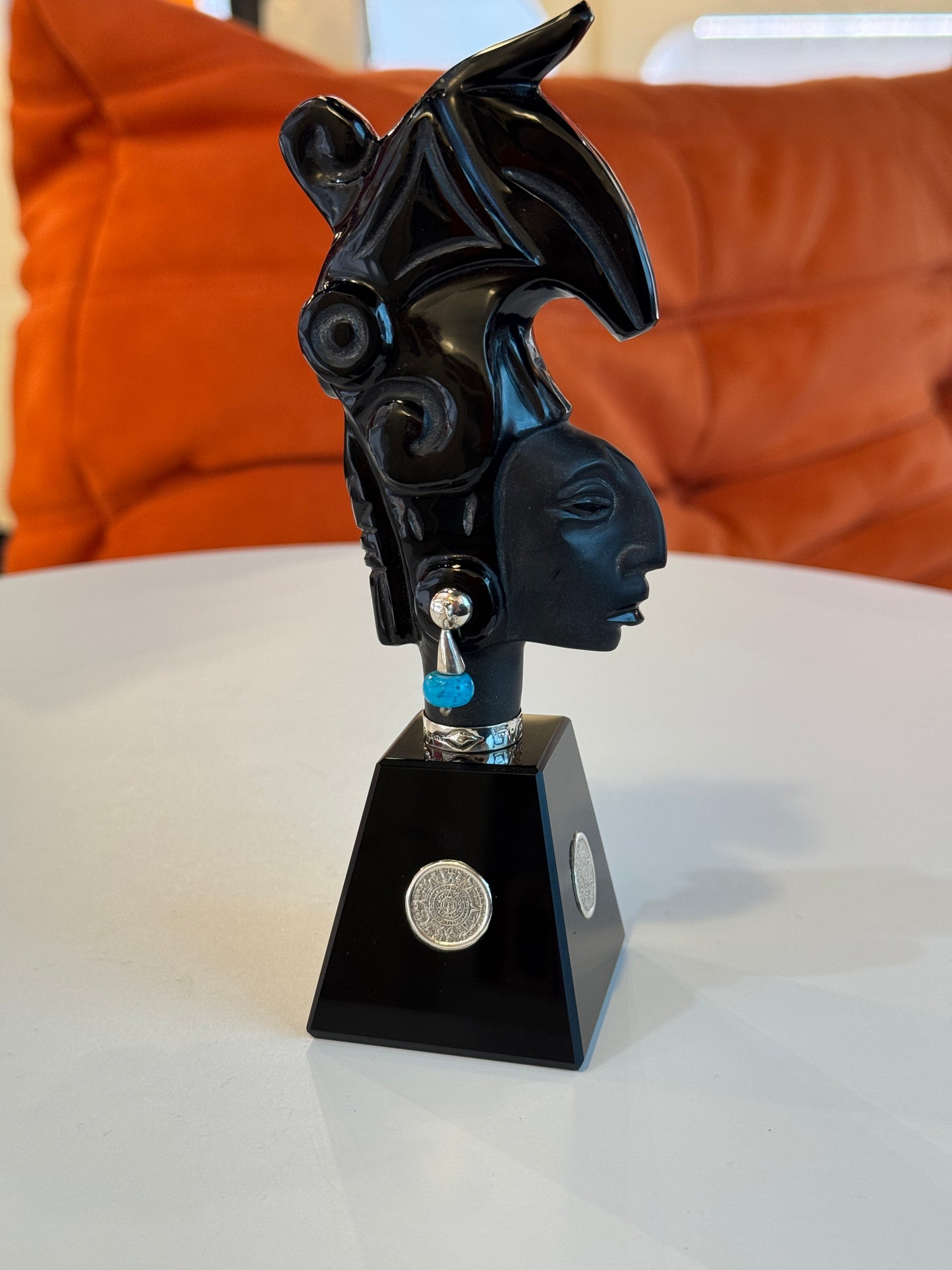 Pakal the Great Obsidian Sculpture | Mayan Sculpture | 95% silver