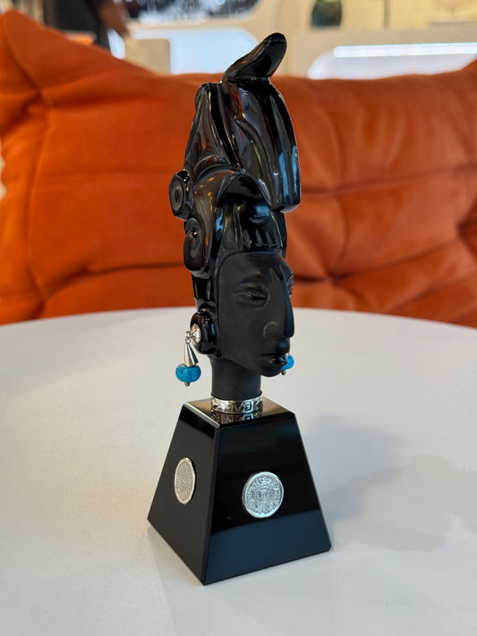 Pakal the Great Obsidian Sculpture | Mayan Sculpture | 95% silver
