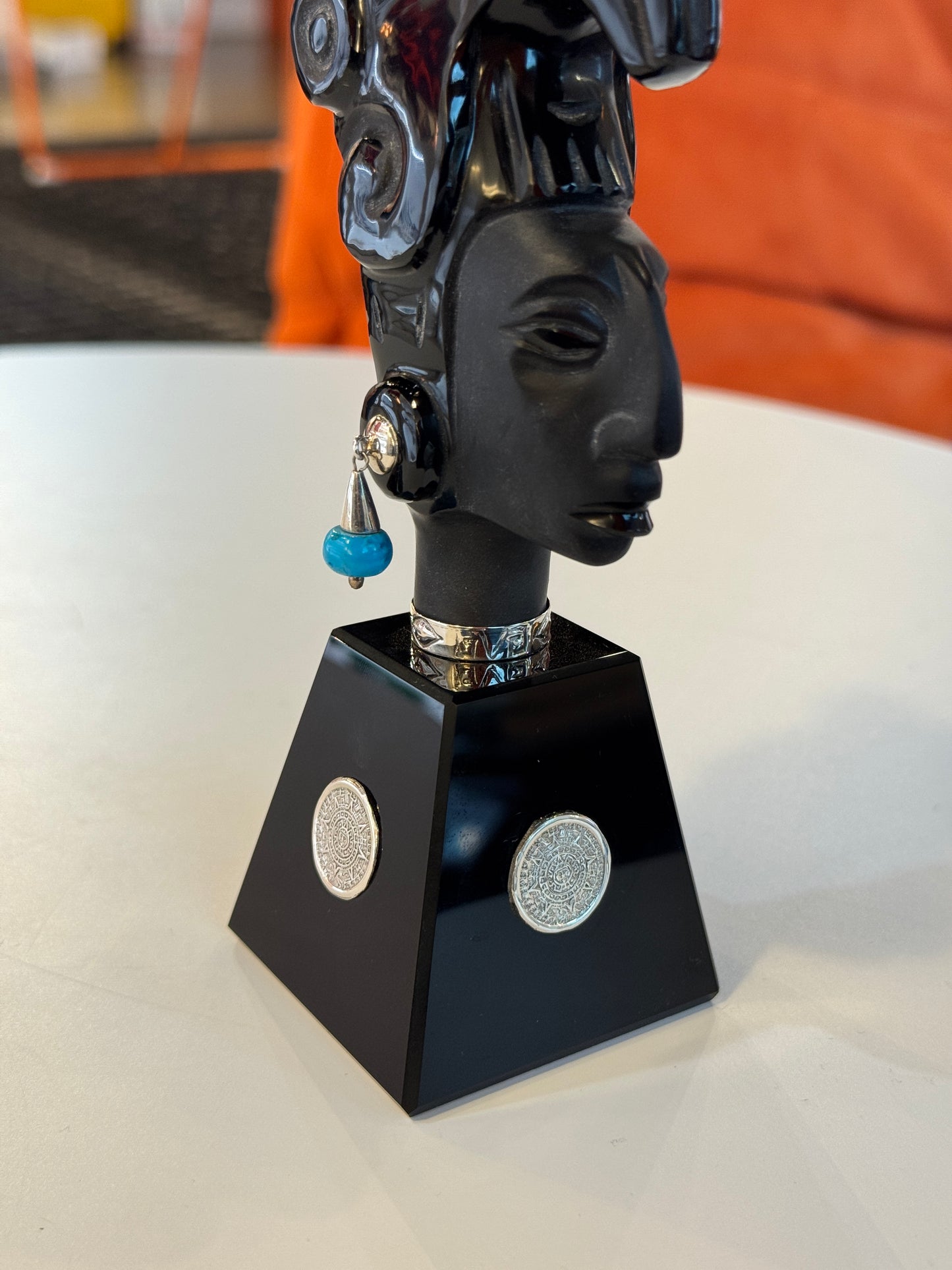 Pakal the Great Obsidian Sculpture | Mayan Sculpture | 95% silver