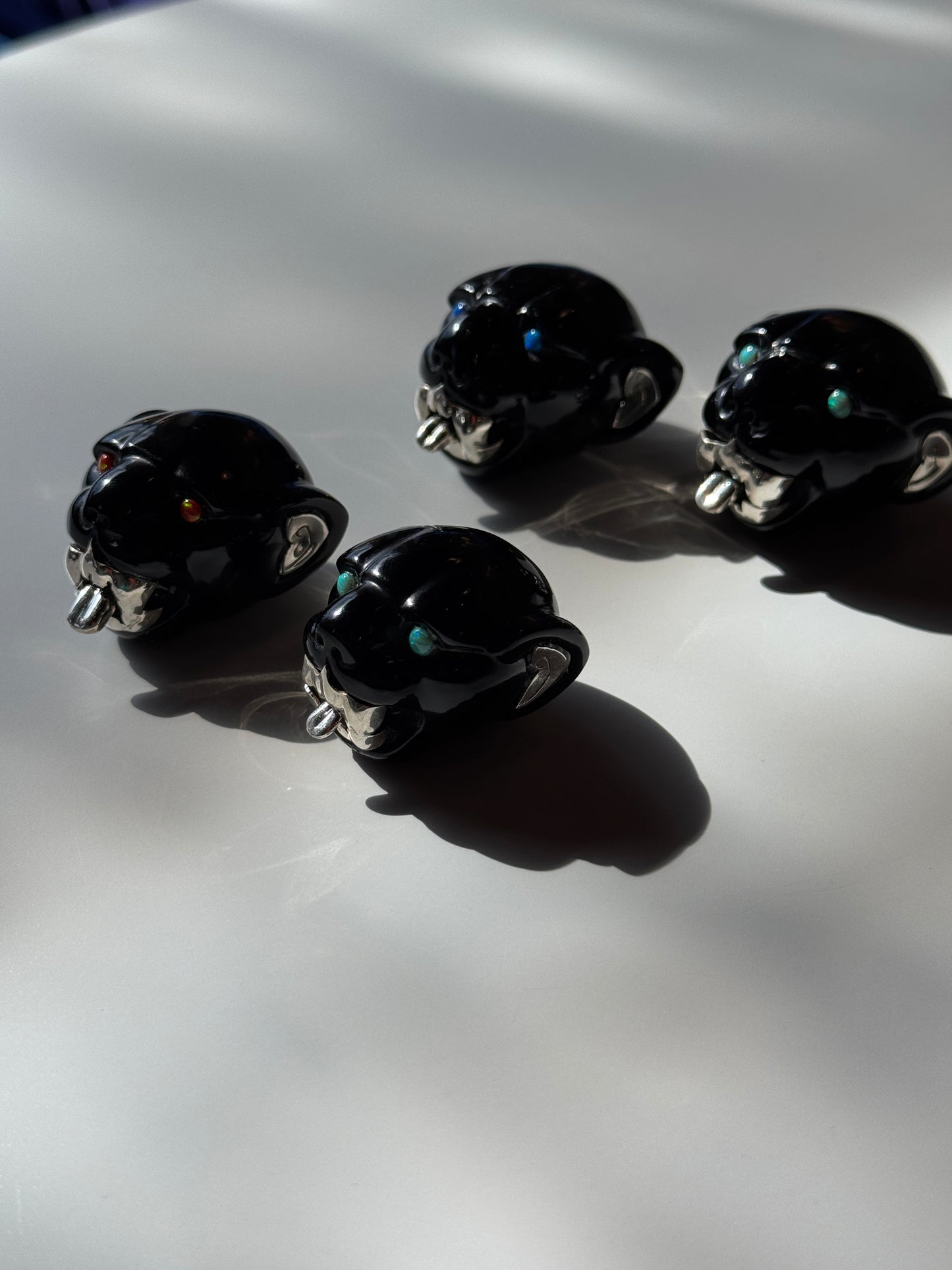 Obsidian Jaguar Sculpture with Opal and 95% Silver