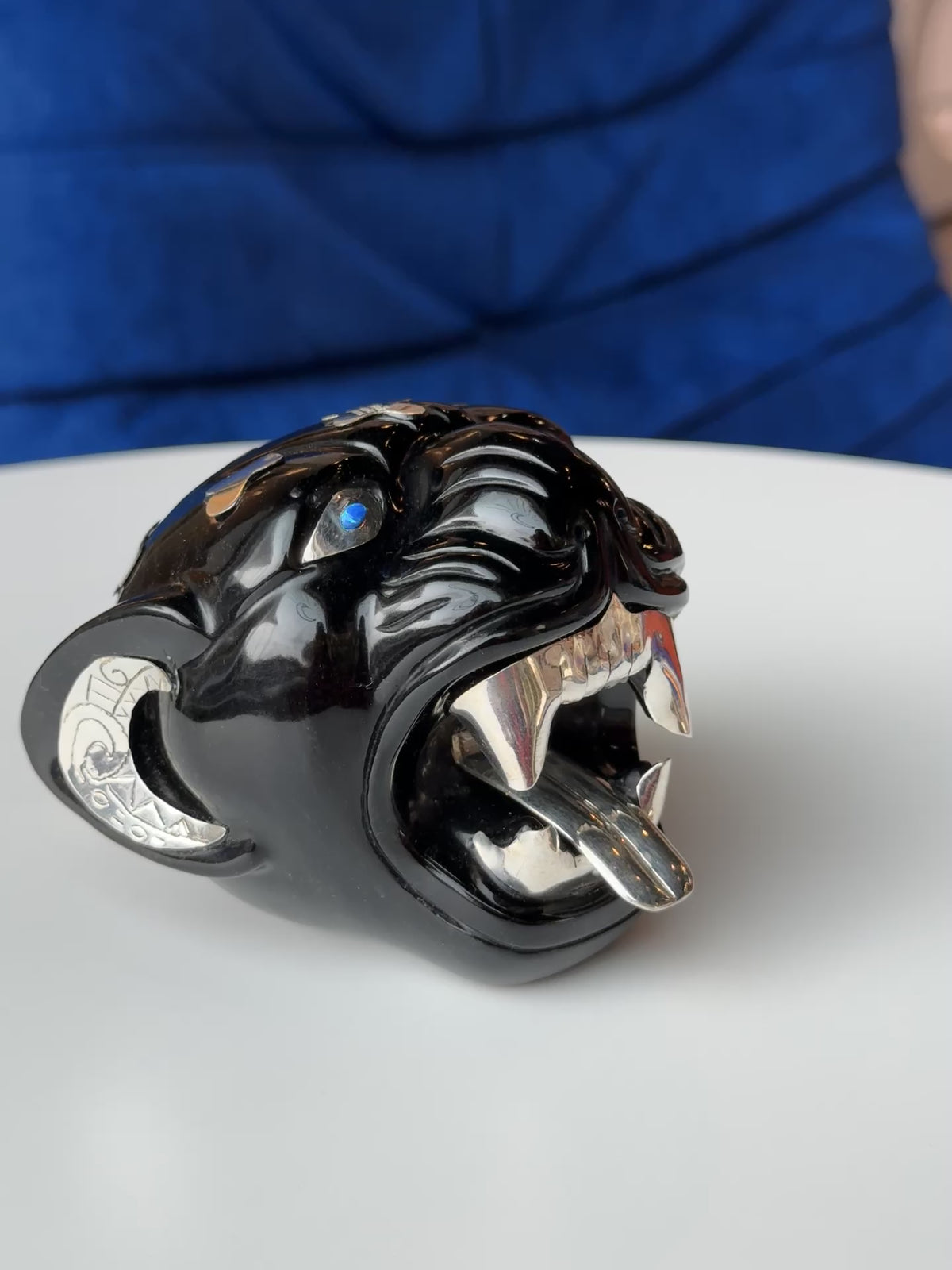 Obsidian Jaguar Sculpture | 95% Silver and Opal