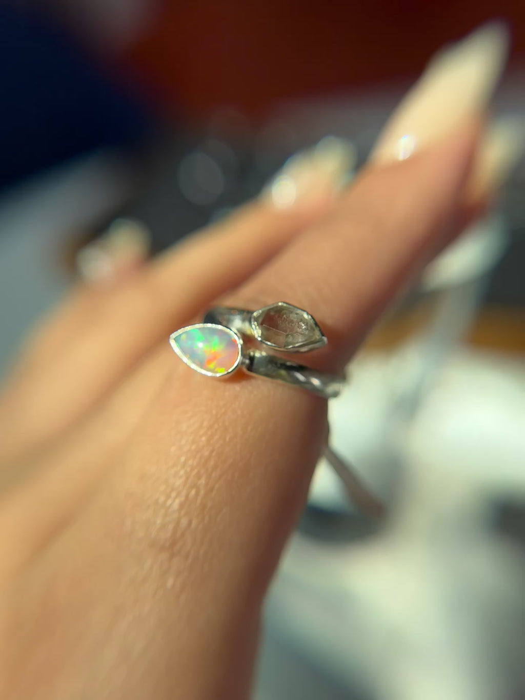 Ethiopian Opal with Herkimer Diamond Ring Size 7