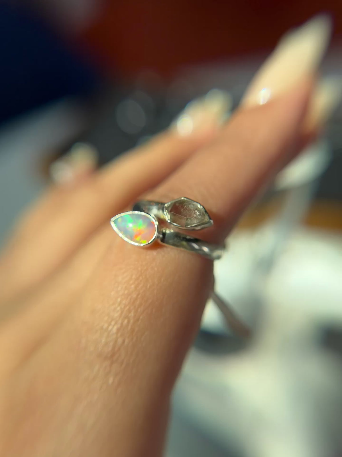 Ethiopian Opal with Herkimer Diamond Ring Size 7